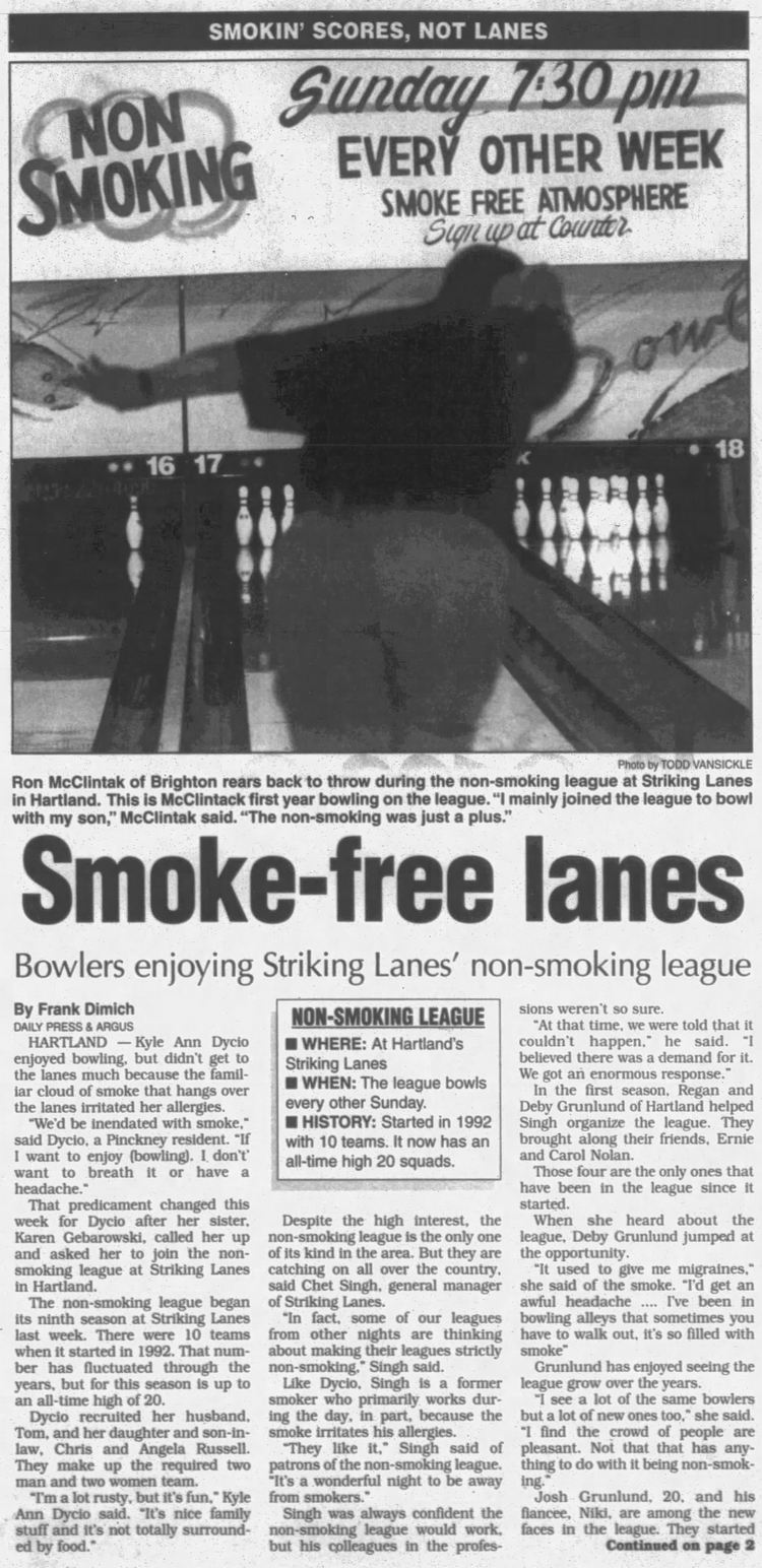 Striking Lanes (Tags Adventure Golf) -  Sept 2001 Article On Non-Smoking Leagues